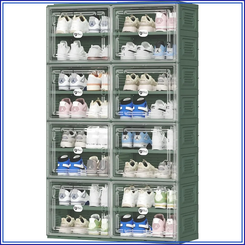Foldable Shoe Storage Cabinet for 32 Pairs, Magnetic Clear Doors, 3-Step Assembly