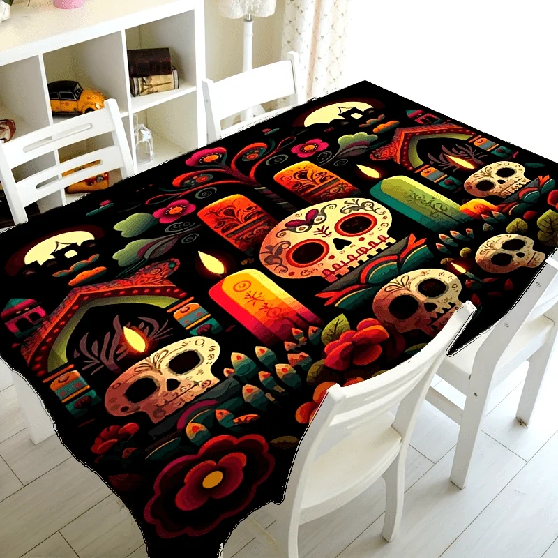 Day of the Dead Skull Pattern Tablecloth - Polyester fiber, rectangular shape, suitable for home and restaurant decoration.PMJ