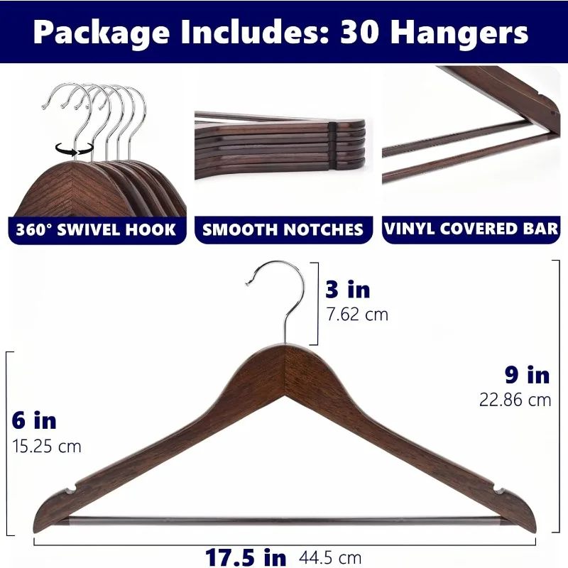 Vintage Wooden Coat Hangers 30 Pack, Walunt Wood Suit Hangers with Non Slip Pant Bar, Clothes Hangers for Shirts, Jackets