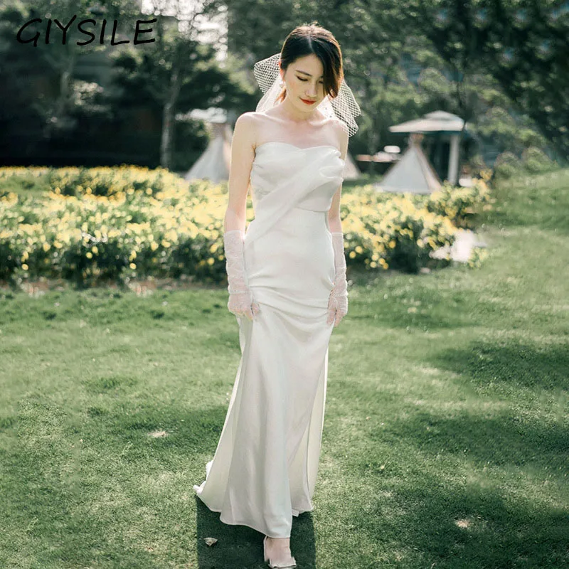 White Dress Strapless Satin Evening Gown Korean Minimalist Bride Wedding Dress Vestidos Elegantes Party Dresses Women Evening