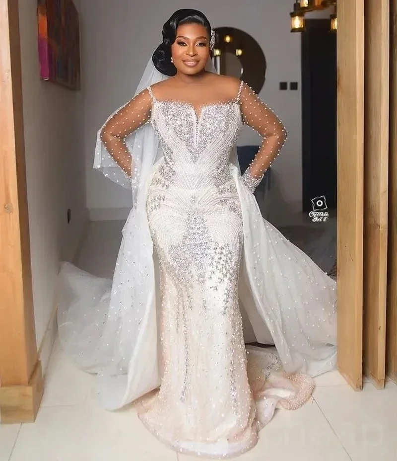 

Customized Luxury Mermaid Wedding Dress Detachable Train Illusion Neck Beaded Crystals Bride Bridal Gowns Arabic Aso Ebi Vestido