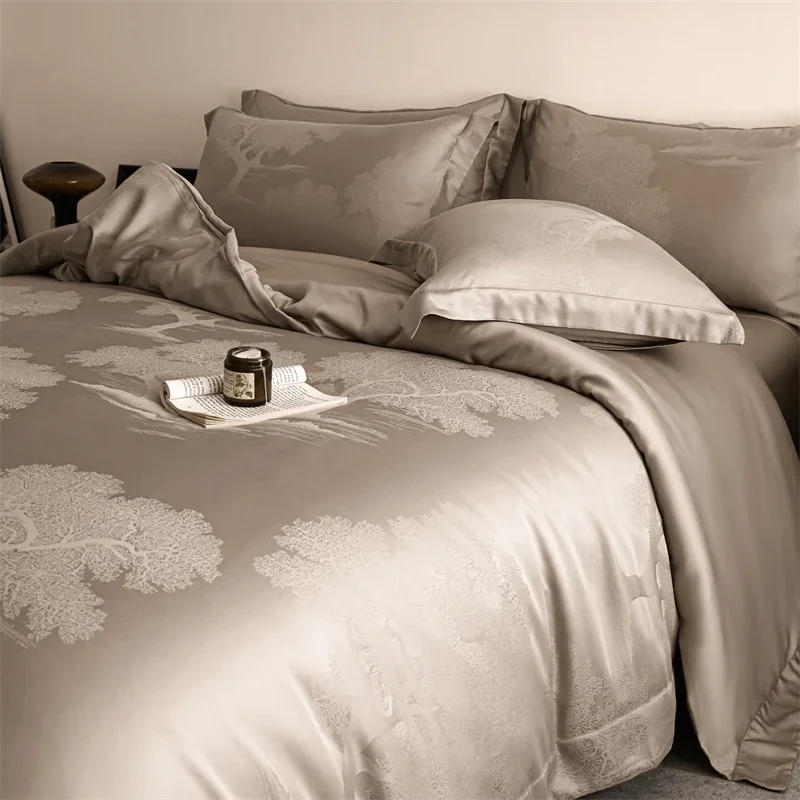 Luxury Bedding Set 600TC Lyocell Bamboo Fiber Jacquard Soft Silky Cooling Duvet Cover Set Flat/Fitted Bed Sheet Pillowcases 4Pcs