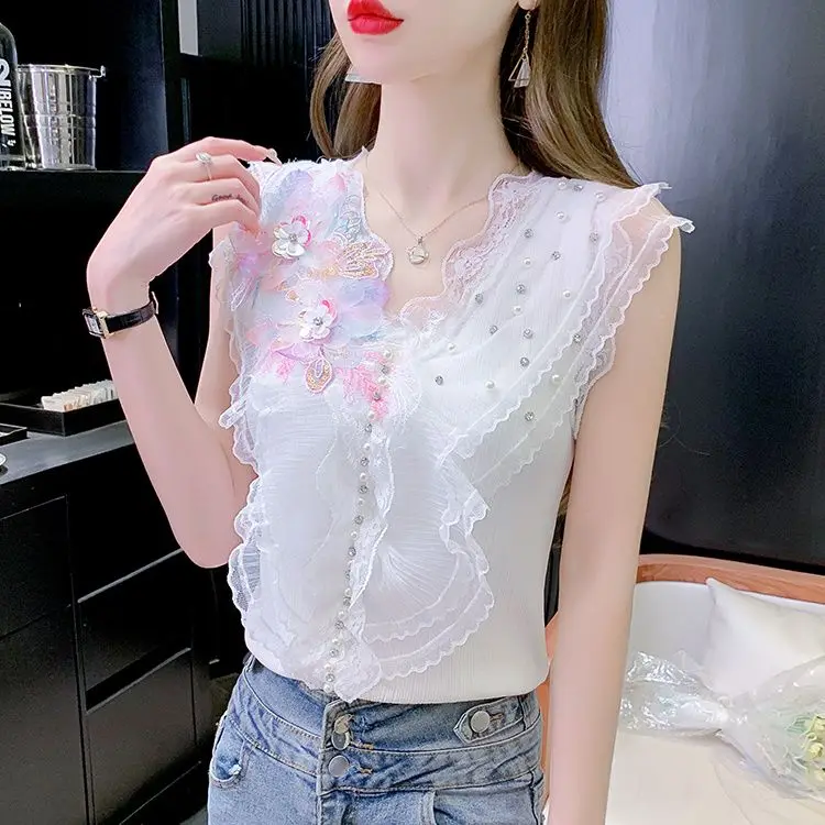 Sweet Floral Tank Camisole Women\'s Summer Outer Wear Summer Sleeveless Three-dimensional Flower Embroidery Top Q509