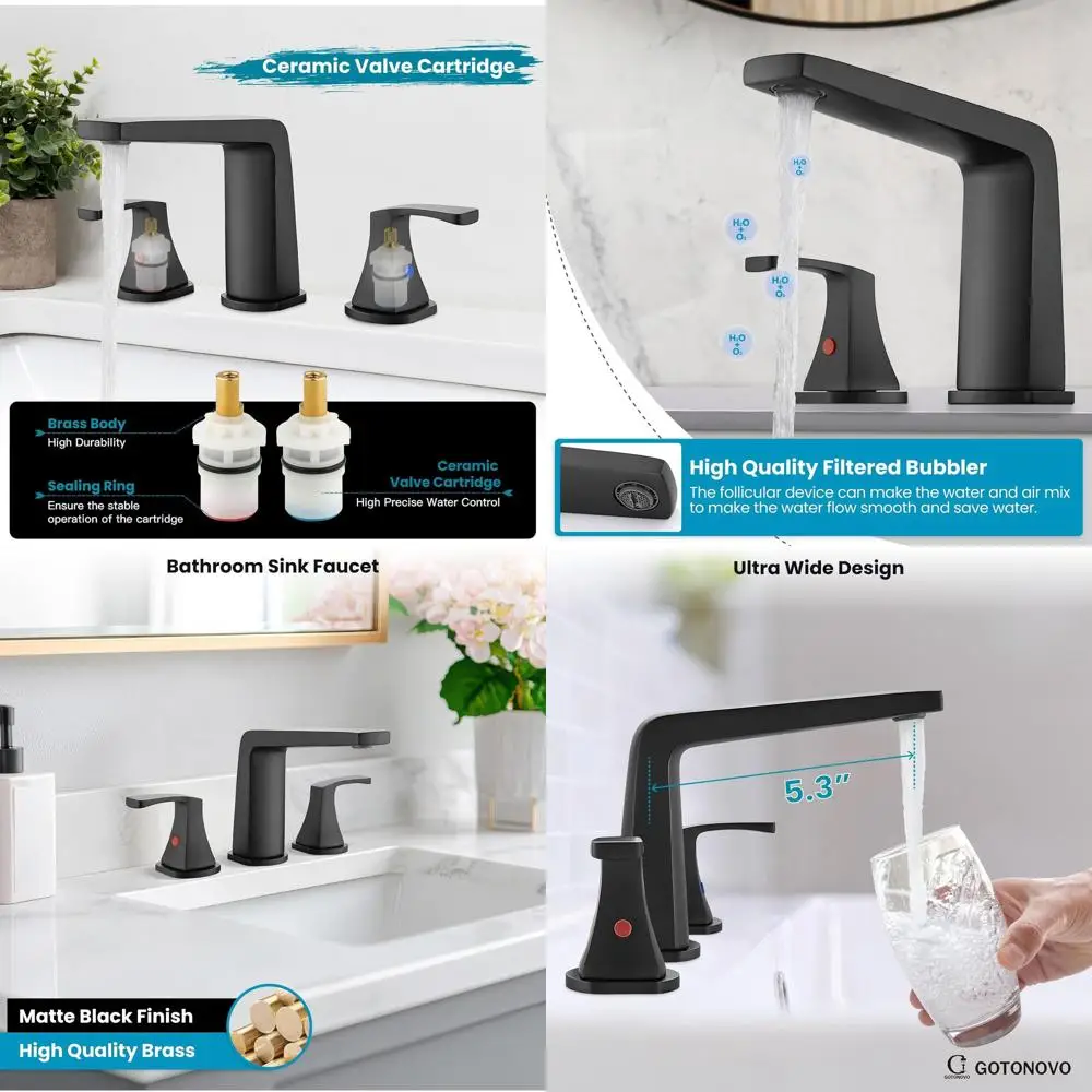 

8 Widespread Matte Black 3-Hole 2-Handle Bathroom Sink Faucet with Pop-Up Drain and Hot/Cold Water Mixer