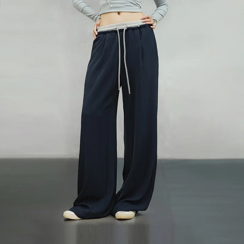 Maden Navy Blue Wide Leg Pants for Women Loose Fit Elastic Waist Casual Trousers Draped Floor-length Pants Comfortable Pants