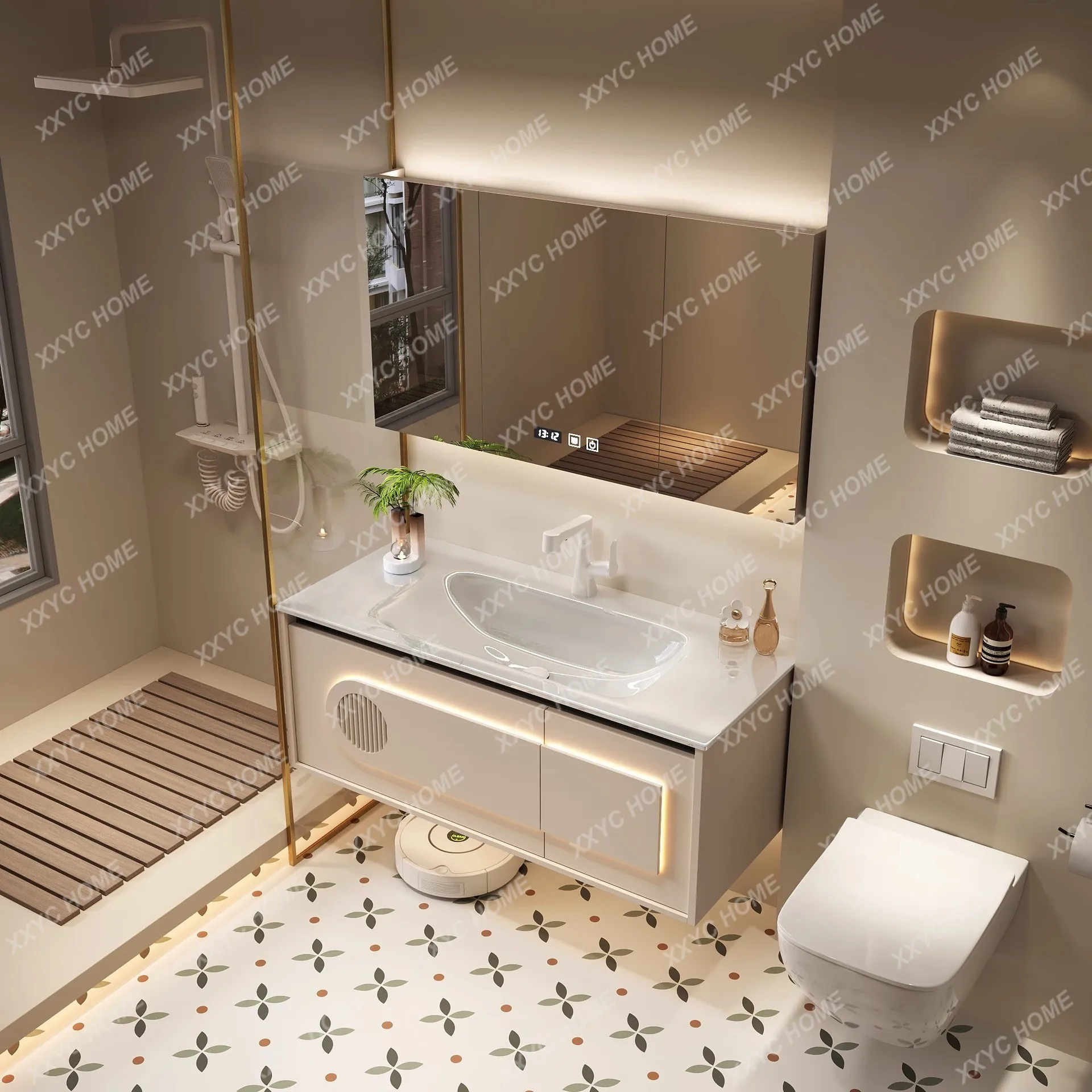 LLight luxury tempered glass hot bending integrated basin multi-functional mirror cabinet bathroom cabinet wash cream wind