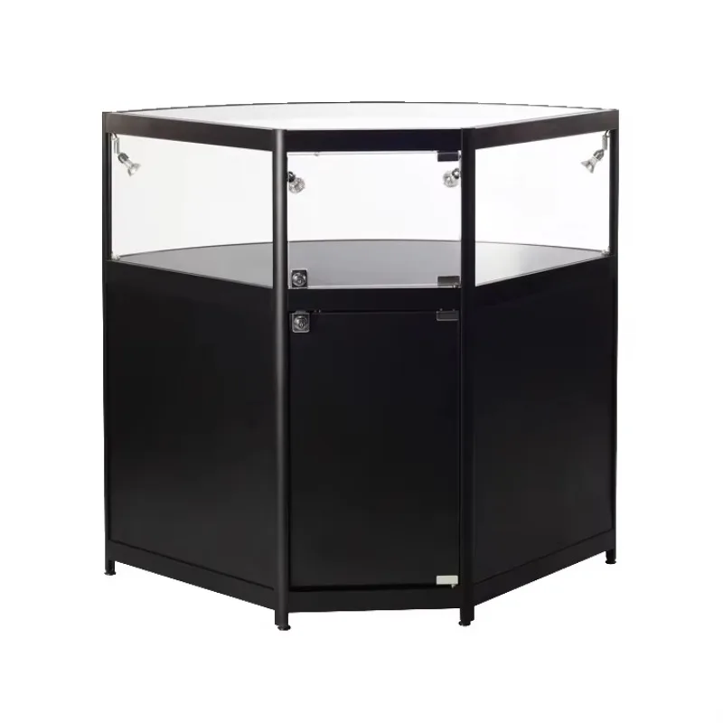 Custom.Aluminum Frame Silver pink Color Glass and MDF Corner showcase Design with Storage Cabinet