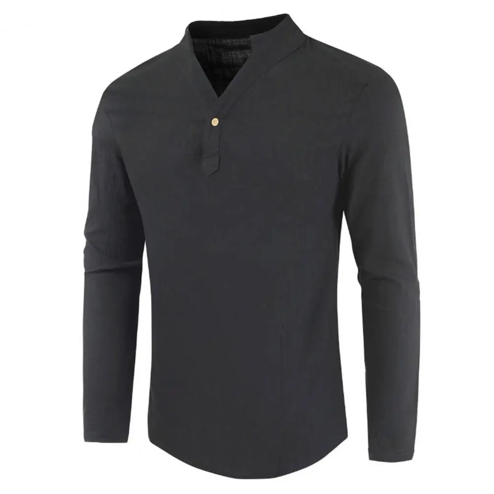 Men T-shirt Solid Color V Neck Casual One Button Spring Shirt for Daily Wear