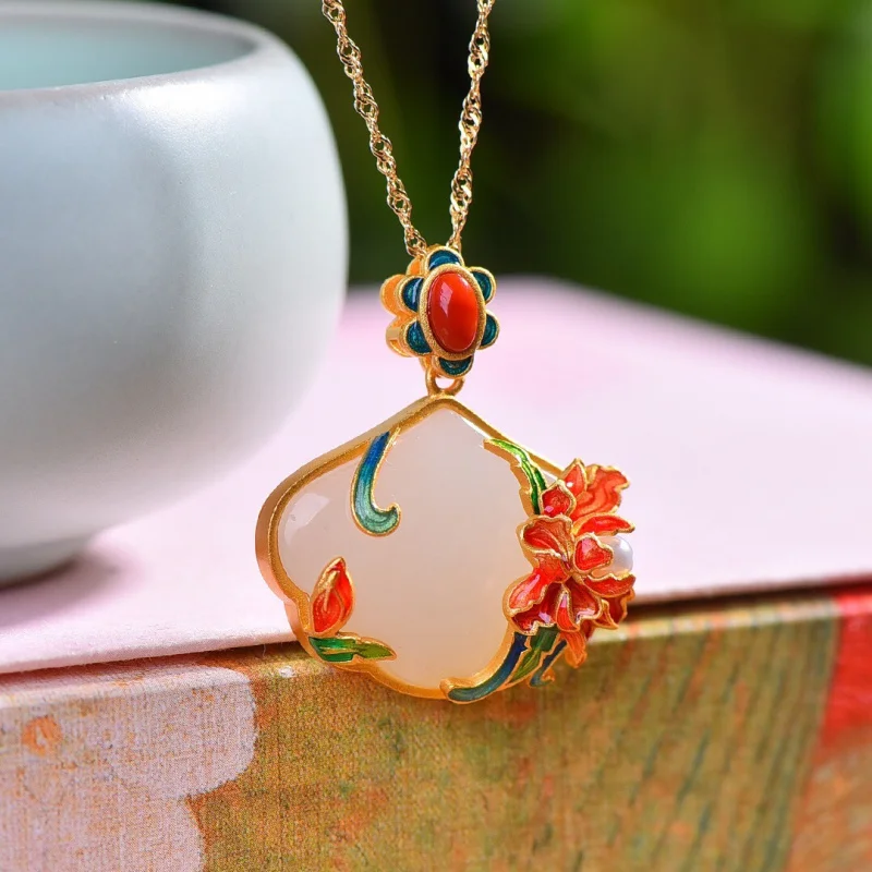 

S925 Inlaid Natural Hetian White Jade Enamel Multi-Gem Blossom Wealth Pendant Necklace