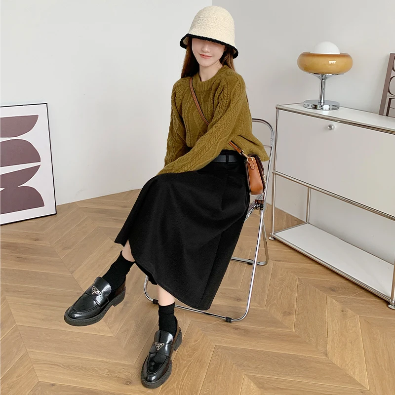 Plus Size Woolen Skirt Women 2024 Autumn Winter New Arrivals High Waist A Line Skirt With Belt Korean Fashon Skirts Womens