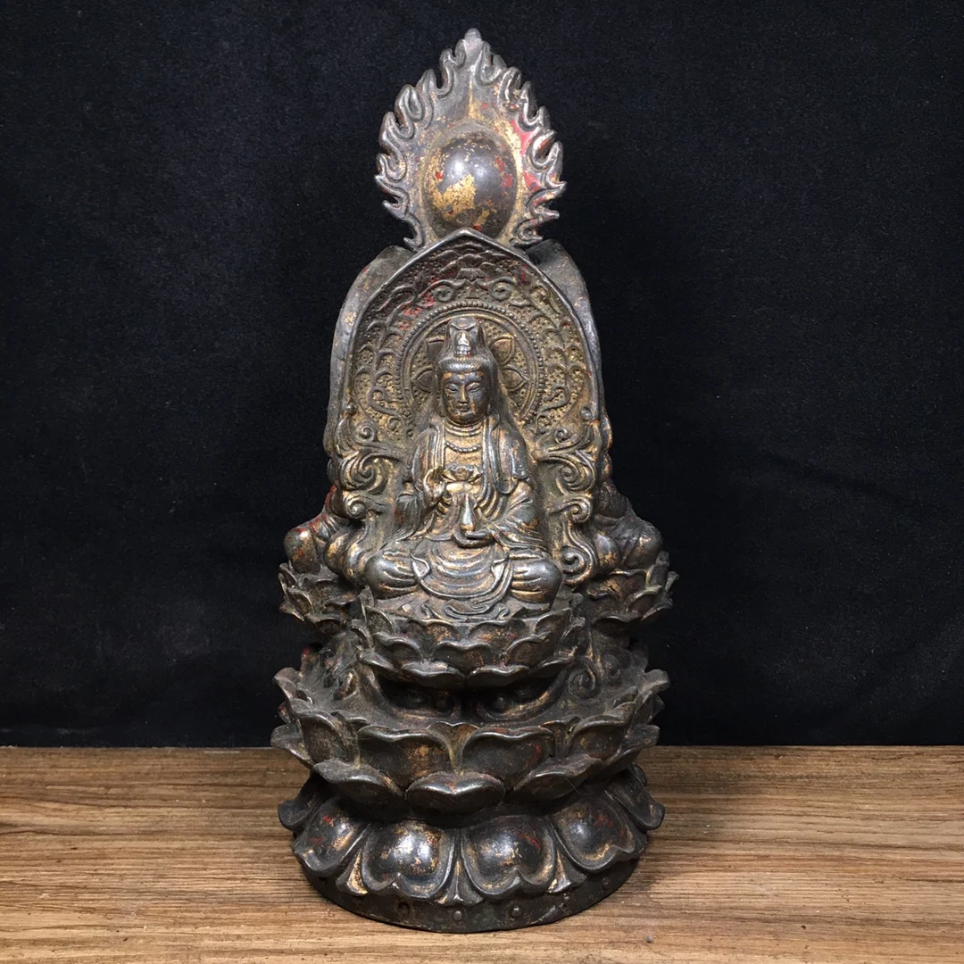 

10"Tibetan Temple Collection Old Bronze Cinnabar Mud gold Three sided Buddha Three Sages Guanyin Buddha Shakyamuni Worship Hall