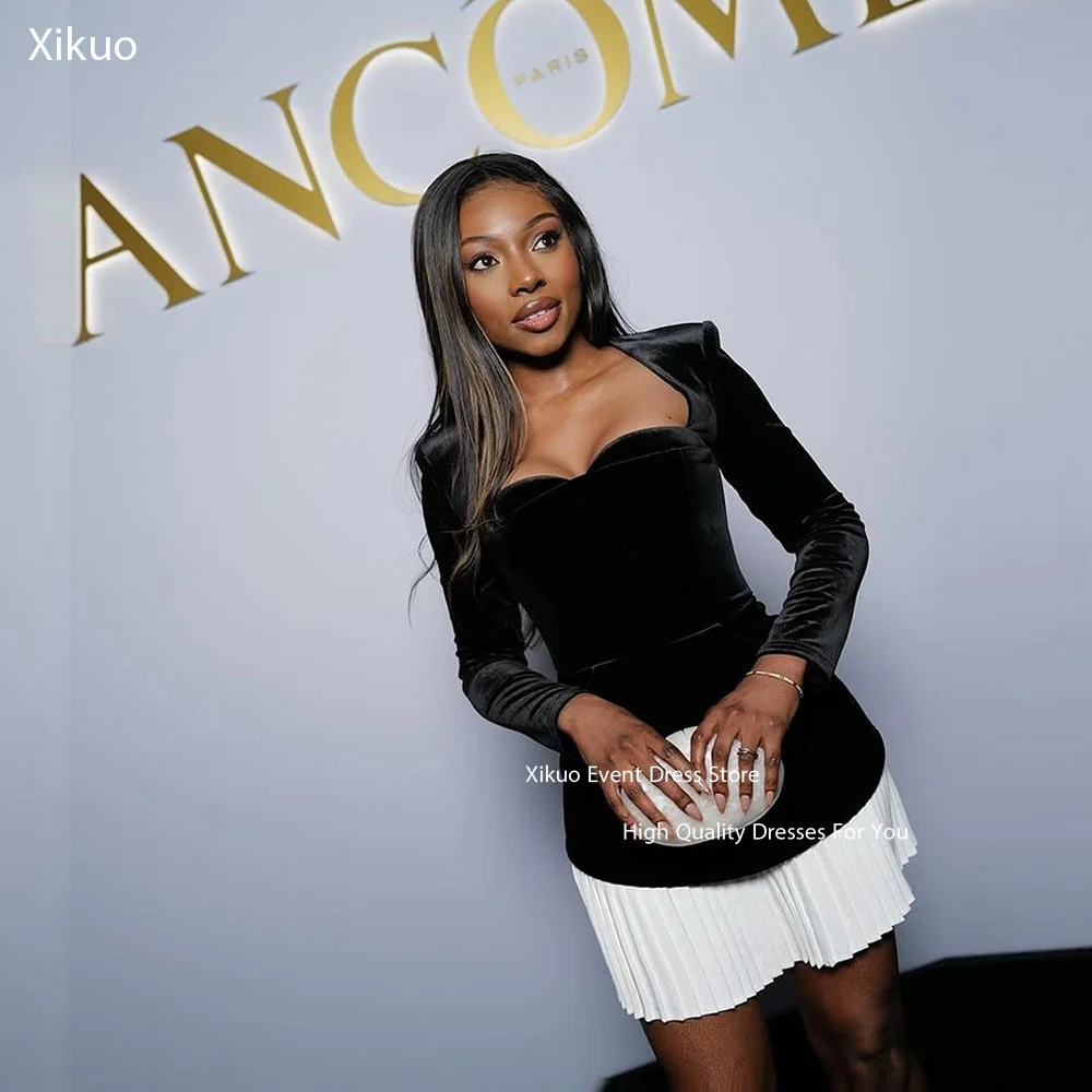 

Xikuo Velvet Black Prom Dresses Sweetheart Long Sleeves Mini Party Dresses Elegant Vestidos Para Eventos Especiales Customized