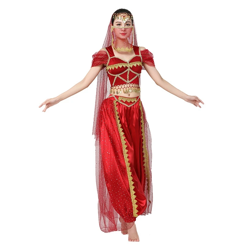 Women's Exotic Indian Dance Belly Dance Costumes Set 4Pcs Noble Princess Jasmine Cosplay Stage Performance Dancewear