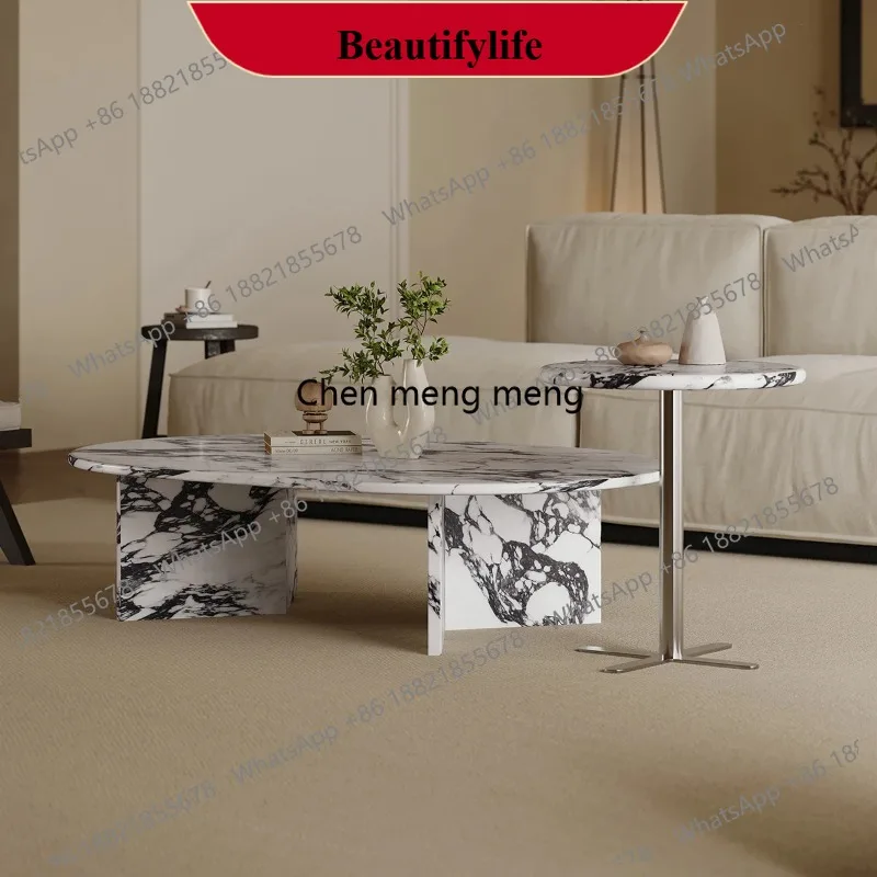 D132 French Cream Marble Coffee Table, Round Vintage Luxury Designer End Table for Living Room, Modern Natural Stone Table​