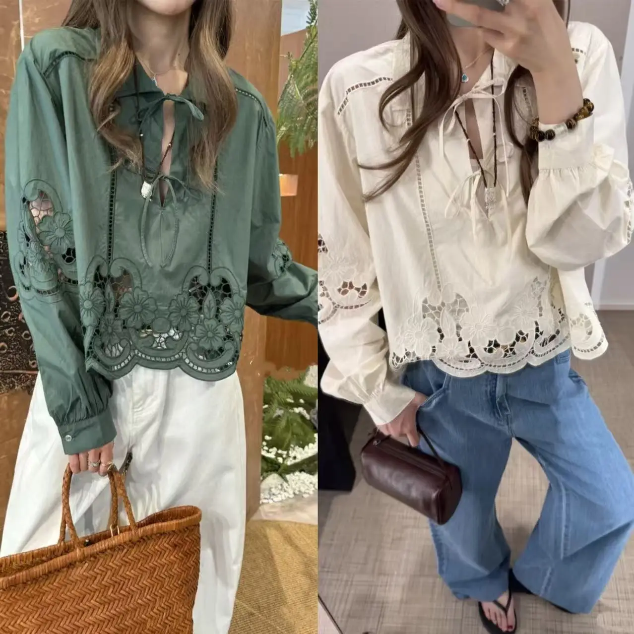 

Французская блузка с объемной вышивкой и ажурными вставками, свободного кроя, женская, хлопковая, с длинными рукавами, воротником-стойкой и пуговицами спереди