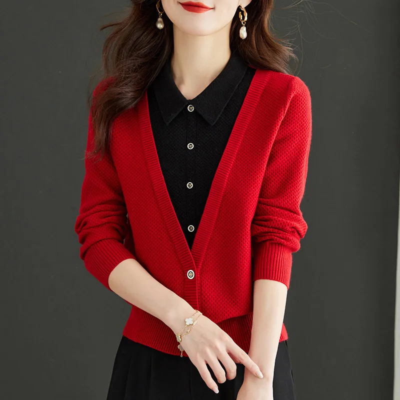 Faux pull 2 pièces patchwork pour femme, pull femme, chemise en tricot, vêtements d'automne et d'hiver, bouton à col rabattu, mode, nouveau, 2024