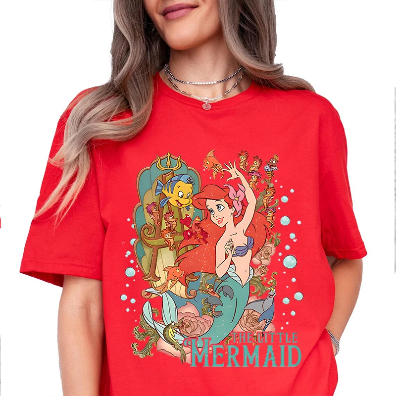 Disney The Little Mermaid Ariel Printed Women's T-Shirt Pure Cotton Short Sleeve Casual Top Personalized Women's Clothing