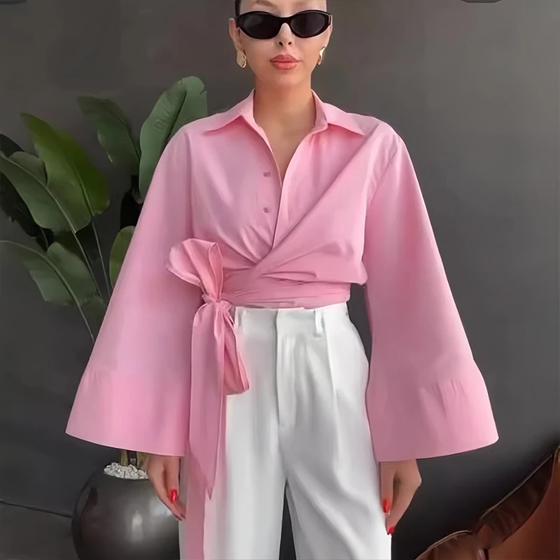 Women Solid Long Sleeve Blouse Fashion Elegant Bowknot Lace Up Slim Shirts 2025 Autumn Temperament Ladies Fashion Simple Shirt