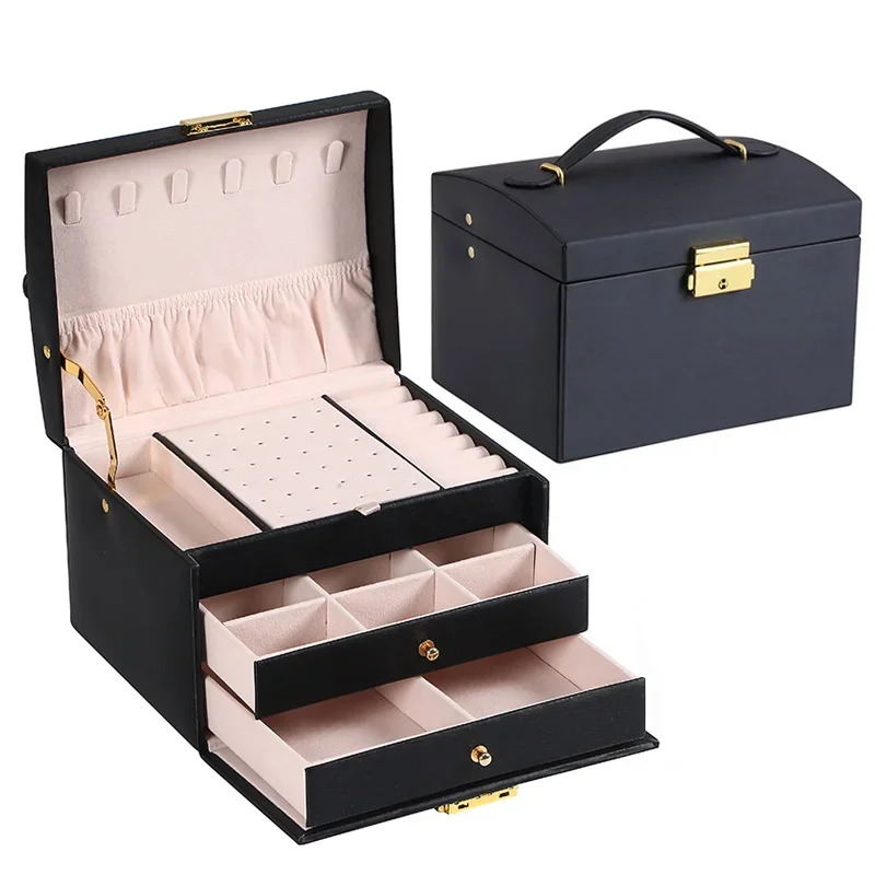 Three-layer Jewelry Box Leather Organizer Earrings Necklace Bracelet Ring Storage Tray Drawer