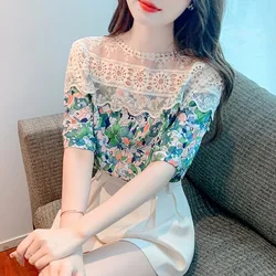 Elegant Female Floral Printed Chiffon Shirt Women's Clothing Summer New All-match Fashionable Mesh Spliced Stand Collar Blouse