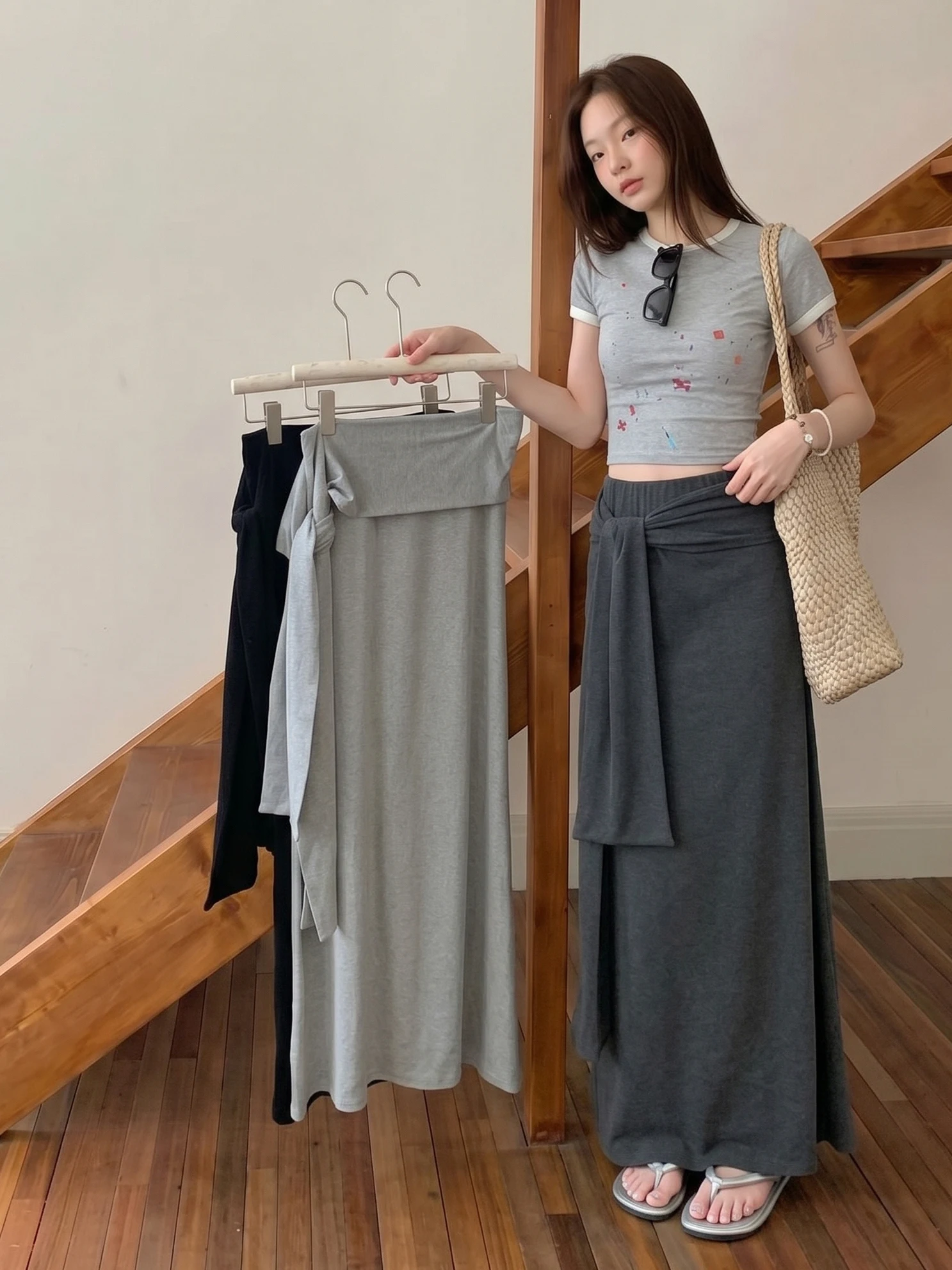 High Waist A-Line Knitted  Skirt Women's Summer New Style Side Waist Tie Design Drapey Midi Skirt Fashionable Girls