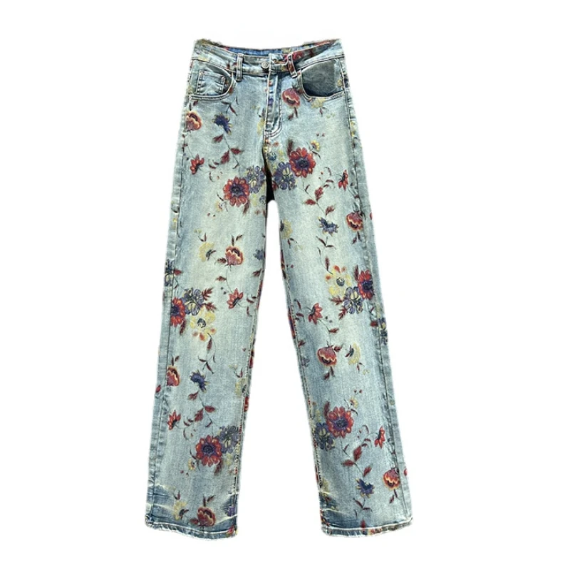 

Chinese Style Flower Print Denim Straight-Leg Pants Women's 2024 New Spring High Waist Slimming Retro Printed Mop Pants Jeans