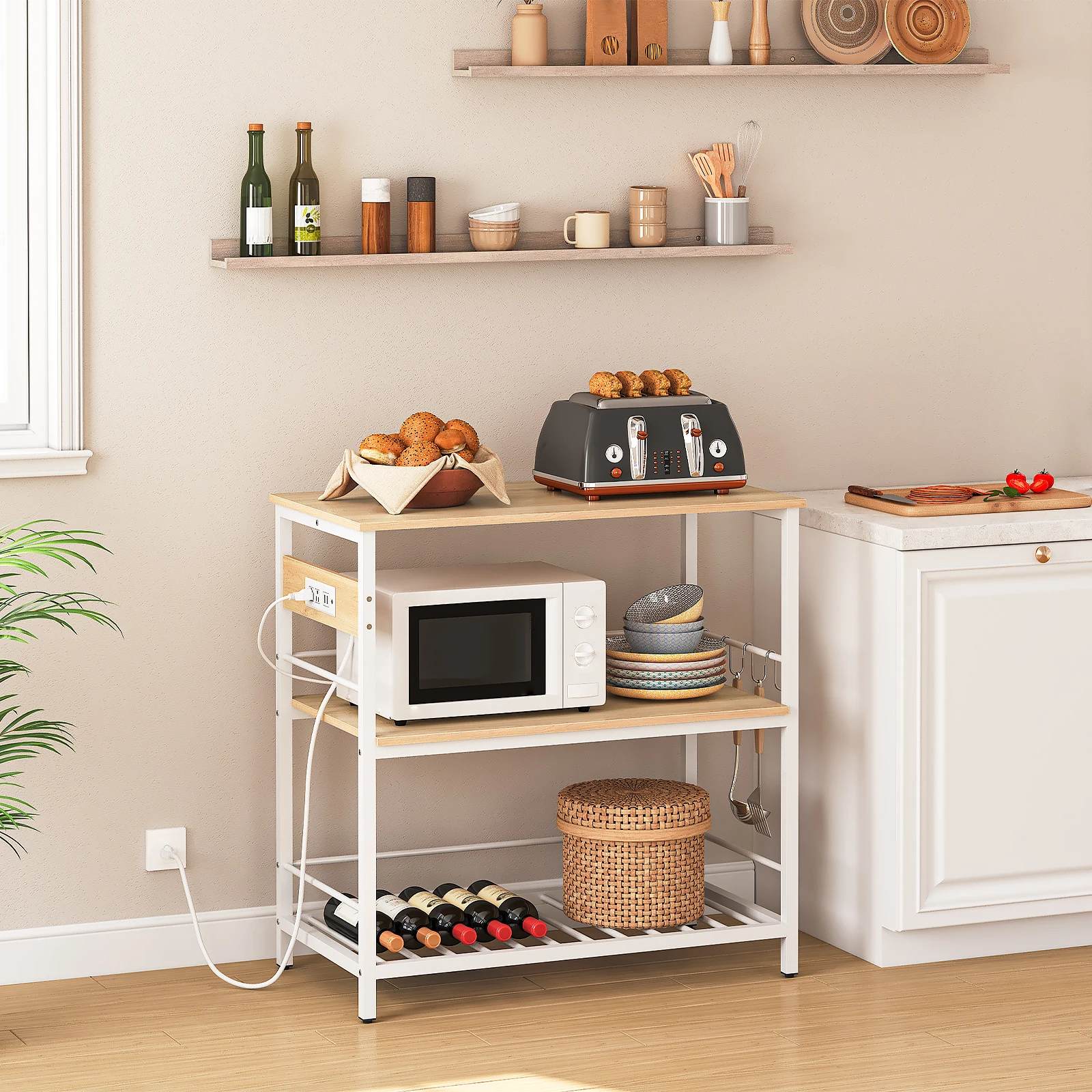 Kitchen Island with Storage Stroller Kitchen Island Table with Power Outlet 3 Tier Coffee Station and Microwave Stand