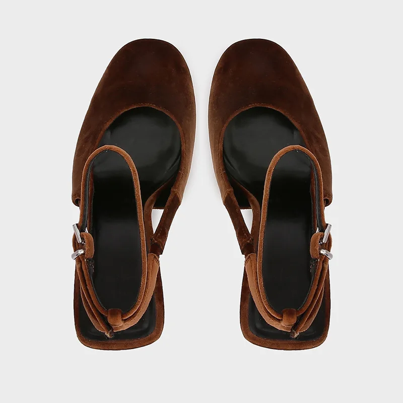 موضة جولة تو الكاحل حزام مشبك مضخات النساء ريترو براون فو الجلد المدبوغ أحذية مصممين أنيقة مأدبة فستان أحذية Zapatos Mujer #5