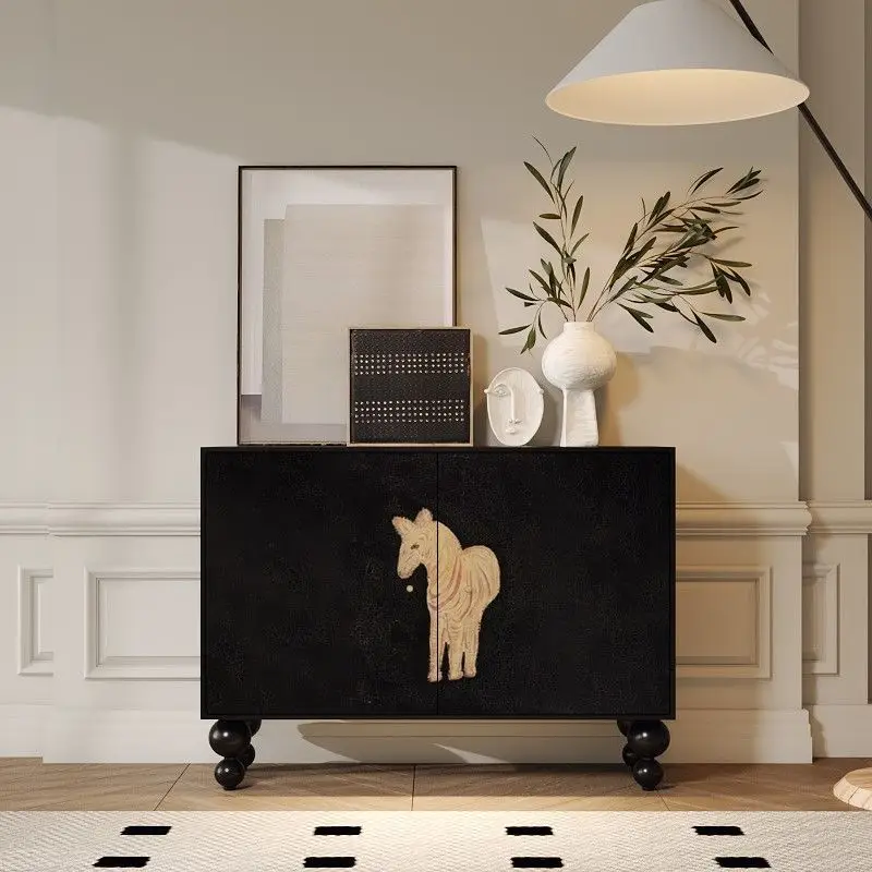 خزانة خشبية صلبة كلاسيكية، خزانة تزيين فنية سوداء راقية، خزانة تخزين لغرفة المعيشة المنزلية