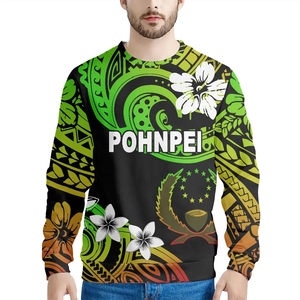 Pohnpei Pattern Printing Hibiscus Flower T-Shirt Autumn Men's T-Shirt New Listing Round Neck Long Sleeve Large Size Sweatshirt