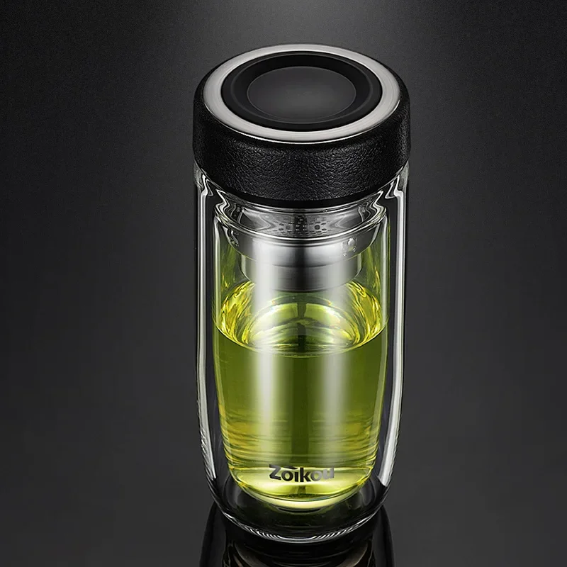 Portable Office Double-Wall Glass Tea Bottle with Stainless Steel Tea Filter Water Bottle Leakproof Business Mug Tour Coffee Cup