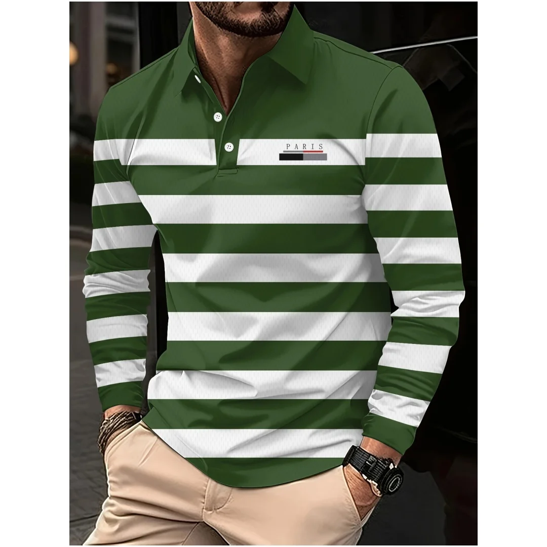 Autumn men's Polo Shirt Outdoor Golf Long sleeved polo shirt Paris Pattern Button polo Breathable Casual mens shirt Men clothing
