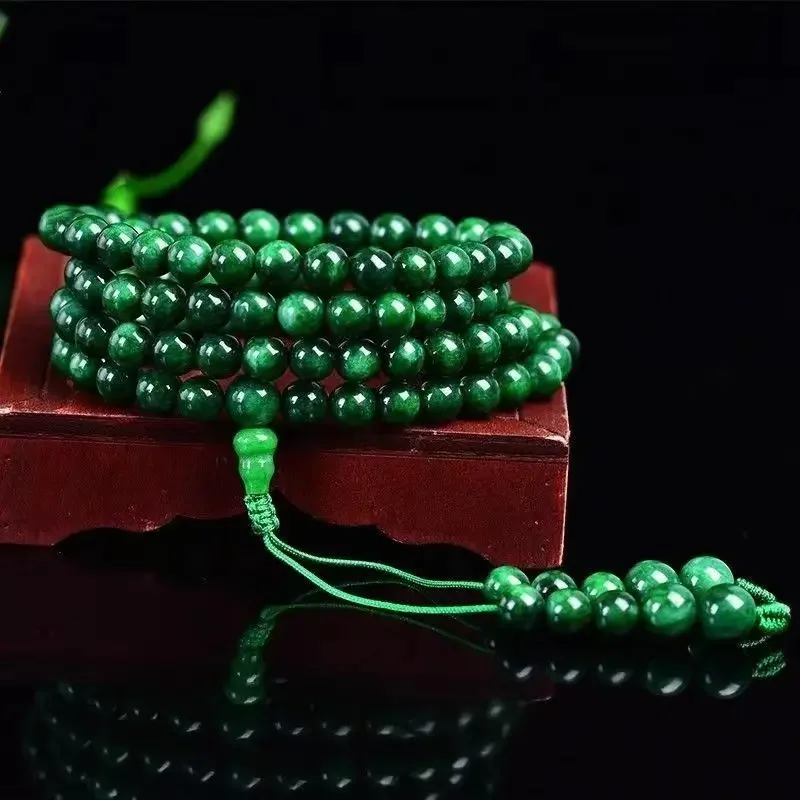 Jade Dry Green 108 Multi-circle Retro Bracelet Woolen Chain Female Buddha Beads Male Holding Green Jade Beads Couple Hand Rope