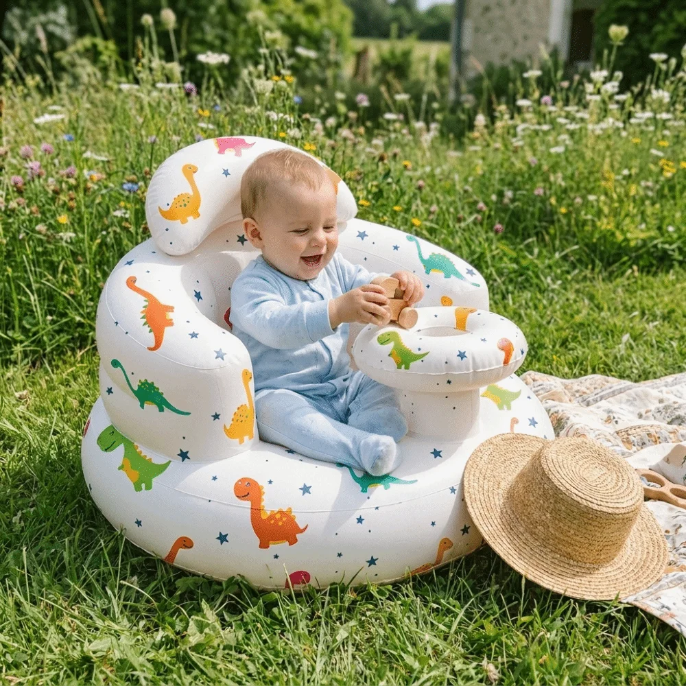 Detachable Tray Inflatable Baby Seat Built-In Pump Dinosaur Pattern Portable Baby Chair Lightweight 3-36 Months Baby Sofa