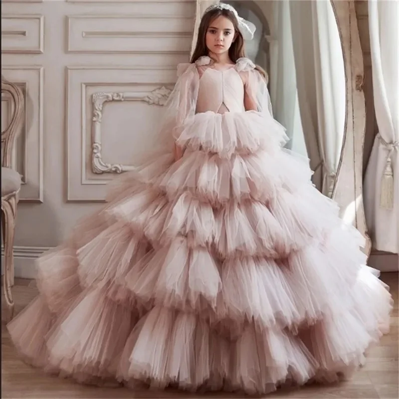 

vFlower Girl Dresses For Wedding V Neck Ruffles Tiered Tulle Sleeveless Kids Birthday Party Pageant First Communion Gowns