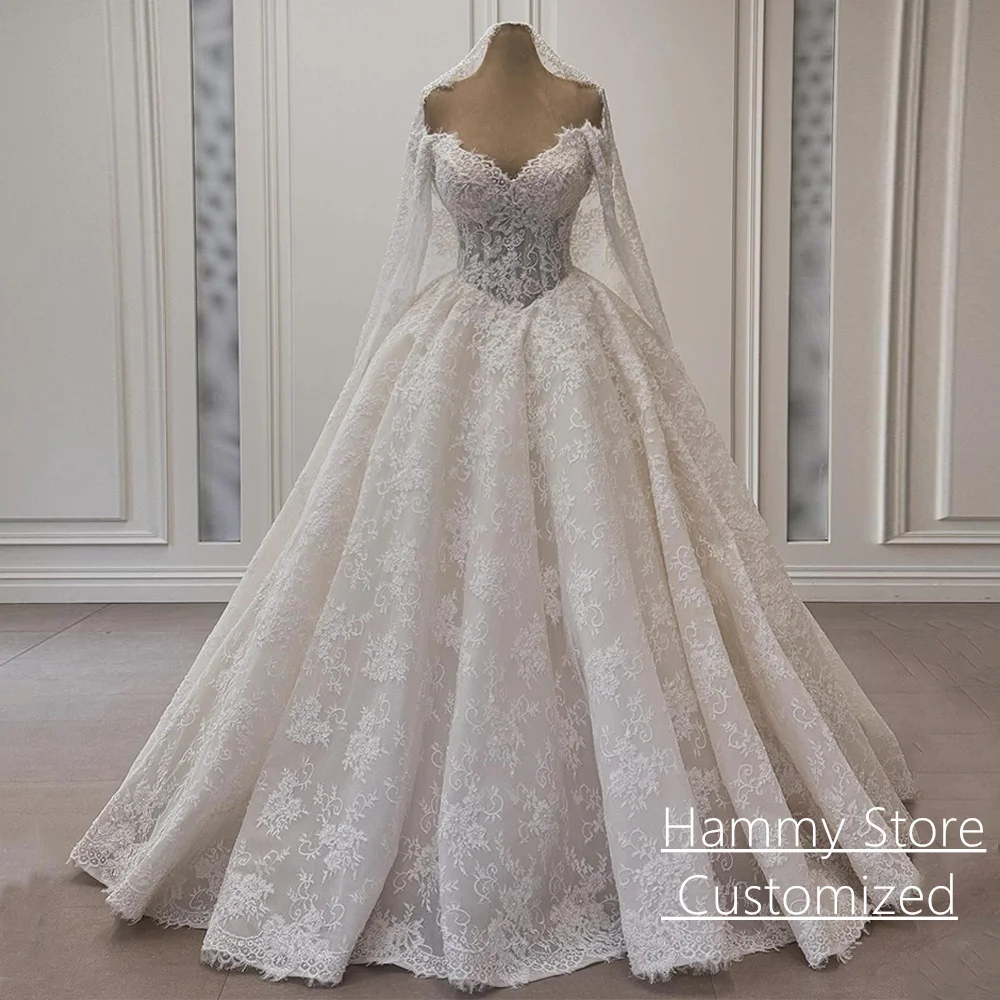

Ball Gown Lace Wedding Dresses for Woman Bride Customized Long Sleeves V Neck Pearls Corset Bridal Gown Vestidos De Novia
