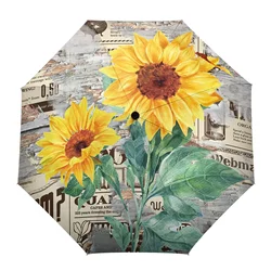 Sunflower Vintage Newspaper Wood Grain Custom Automatic Umbrellas for Women Male Windproof Folding Rain Umbrella Parasol