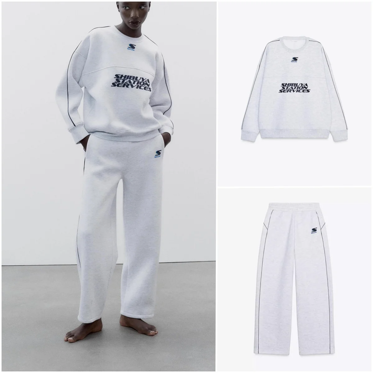 

Spring High Waist Elastic Long Pants with Printed Decorative Ribbed round Ne Sweatirt Two Piece Set Long Sve Casu...