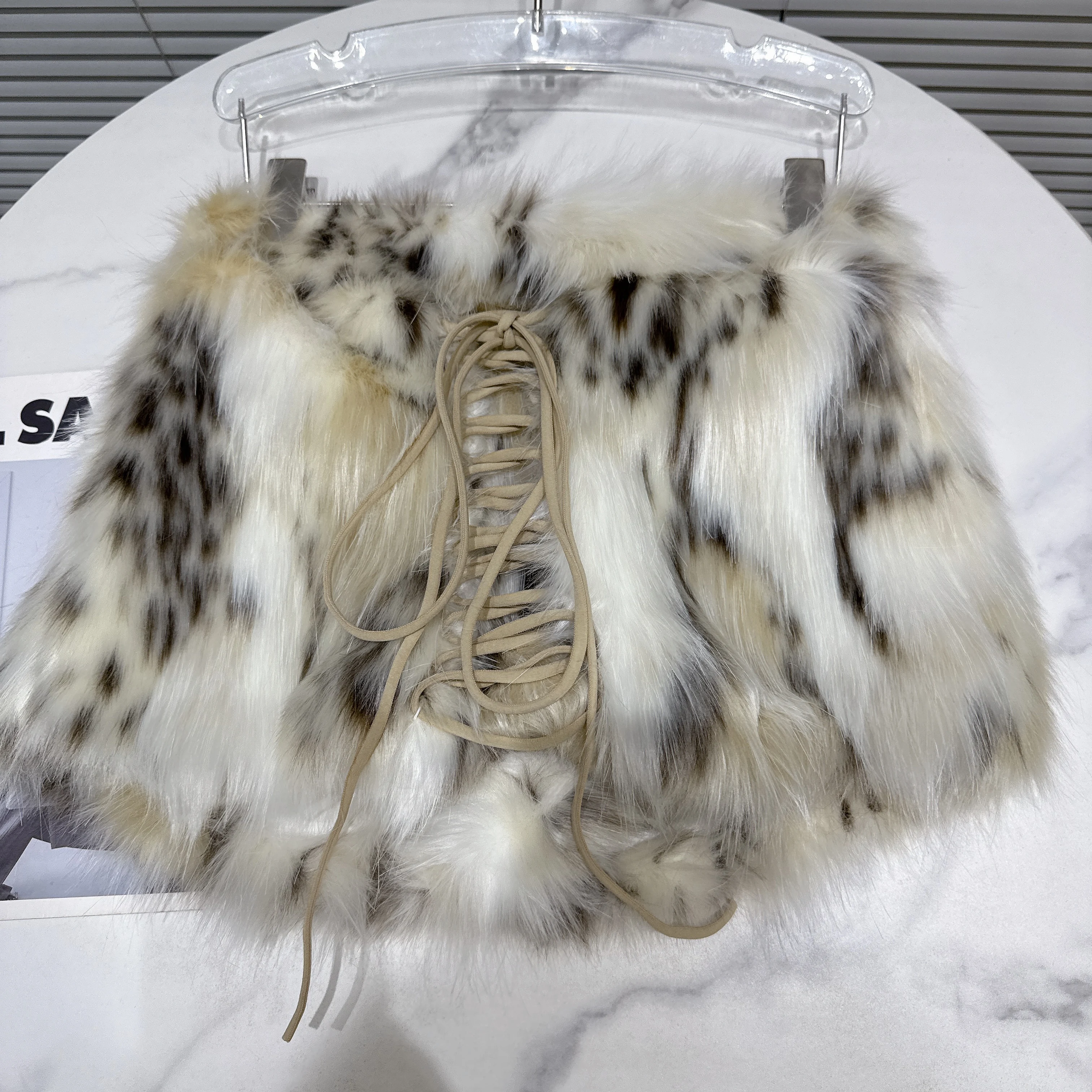 2025 شتاء جديد عصري فتاة ساخنة الدانتيل متابعة ليوبارد طباعة صديقة للبيئة فو الفراء تنورة قصيرة للنساء الفراء التنانير #3