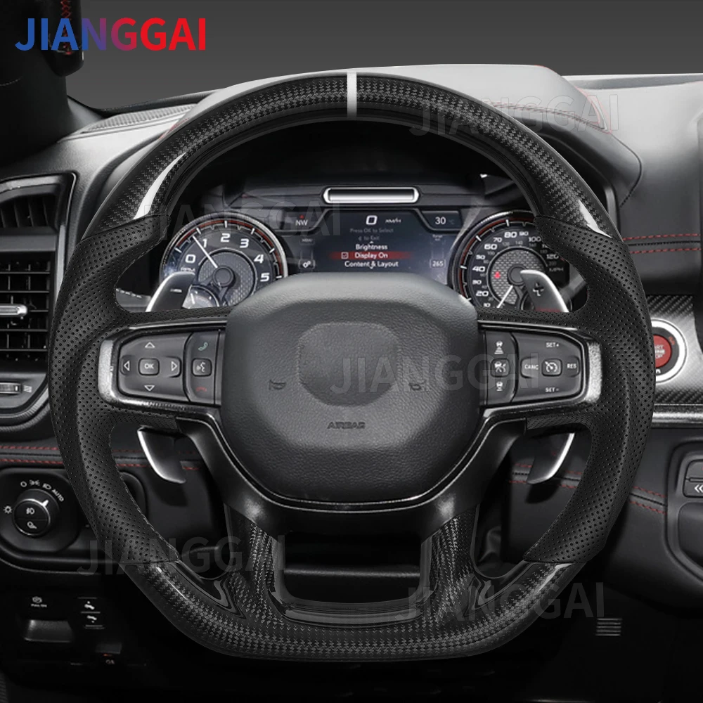 

Real Carbon Fiber Steering Wheel White Stitching For Dodge RAM 1500 2500 3500 TRX 2018-2024 Perforated Leather Car Accessories