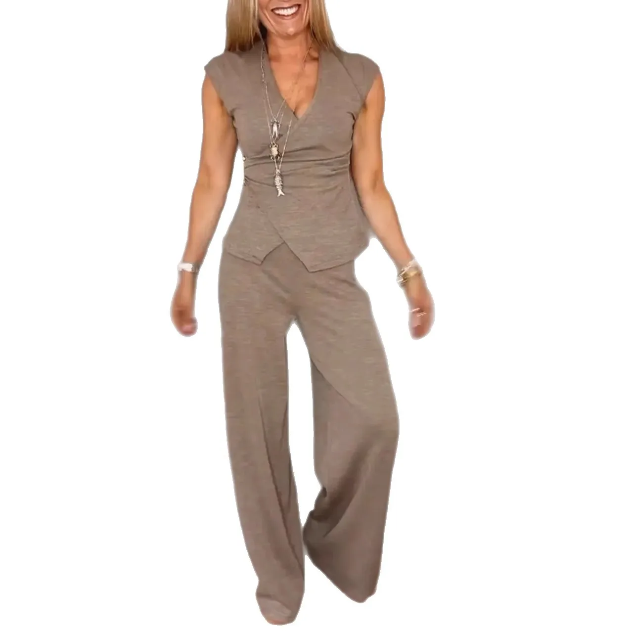 

2025 Новая мода плиссированный топ без рукавов + широкие брюки комплекты из двух предметов женский летний повседневный жилет с v-образным вырезом брючный костюм для женщин