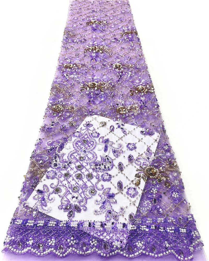 

African Handmade Heavy Beaded Tulle Lace Fabric French Style Net with Sequins And Pearls for Bridal Party Dresses