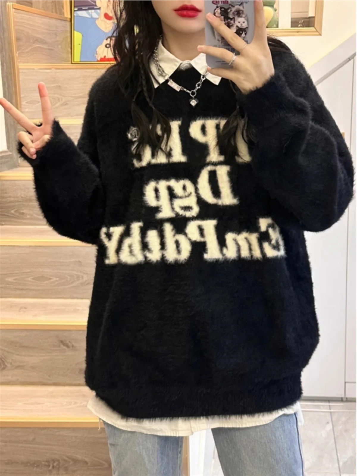 

Thiened American Letter Mink Sweater for Girls Autumn Winter High School Junior High School Students Big Children Girls