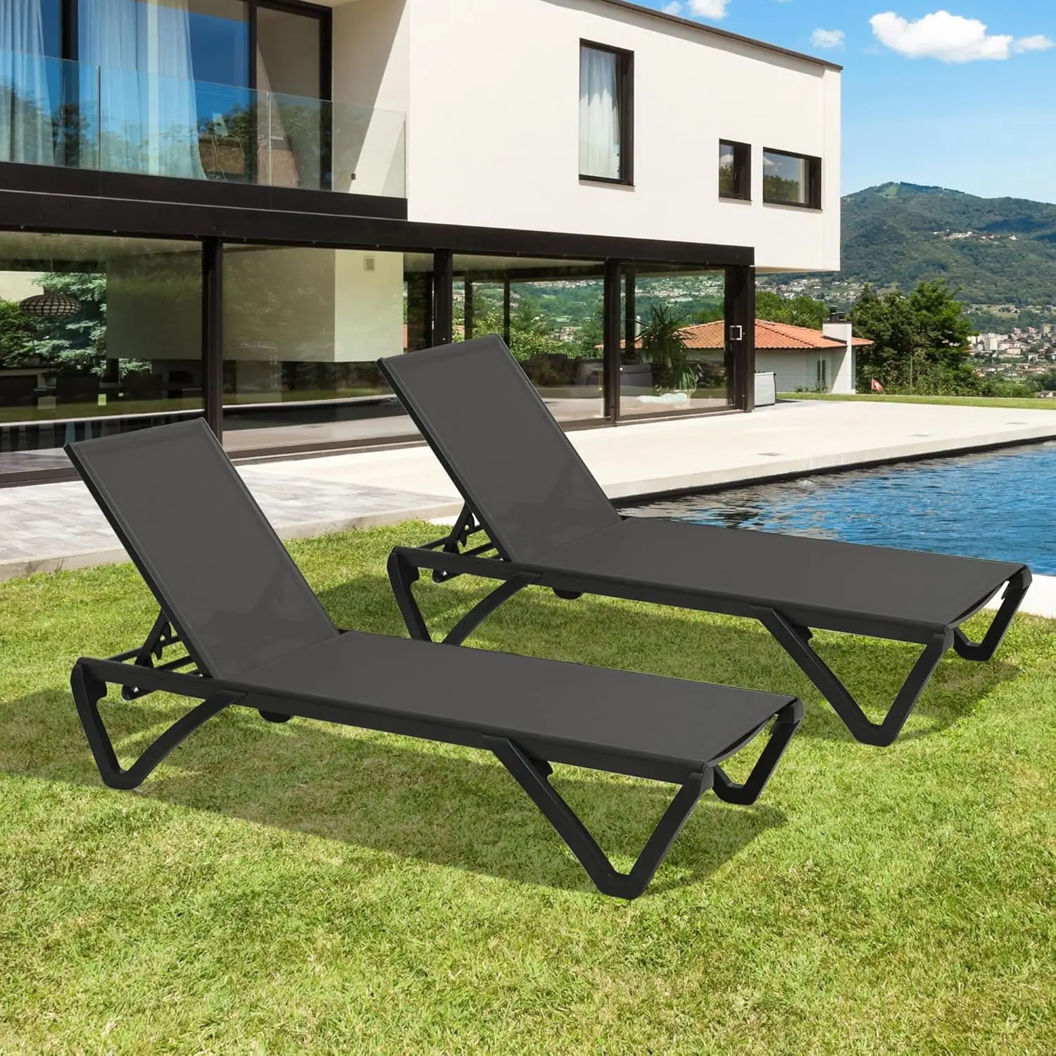 

Pool Lounge Chairs Set of 2, 5 Position Adjustable, All Weather Outdoor Lounge Chairs for Beach, Balcony, Poolside, Dark Grey