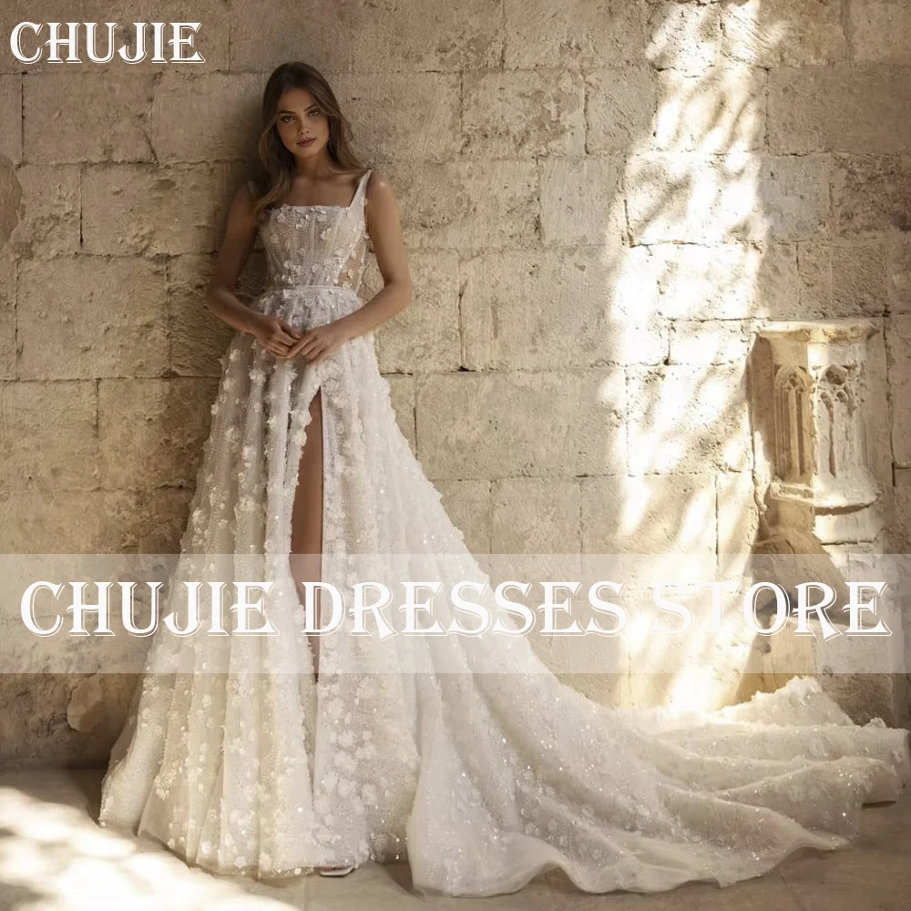 

Elegant Tulle Wedding Dresses Square Neck Sleeveless Vestido De Novia A-Line Lace 3D Flowers Shiny Custom Made Bridal Gowns