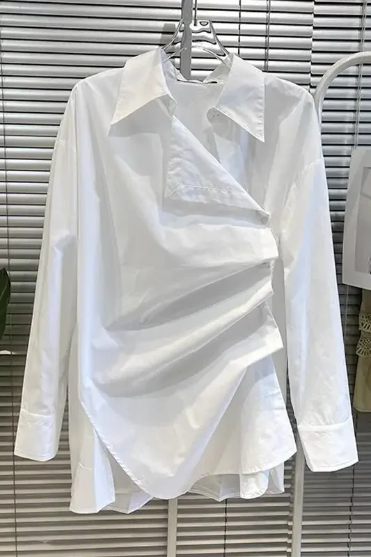 

Asymmetric Design Sense Lapel Long Sleeved Shirt Women's Spring and Summer New Casual Loose Pleated Waist Cinched Shirt