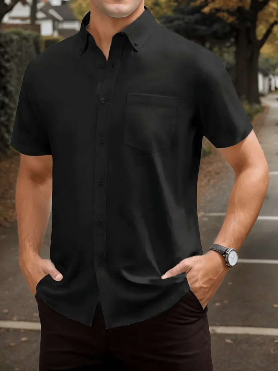 

Mens Solid Color Fitted Short Sleeve Button Up Shirt With Chest Pocket