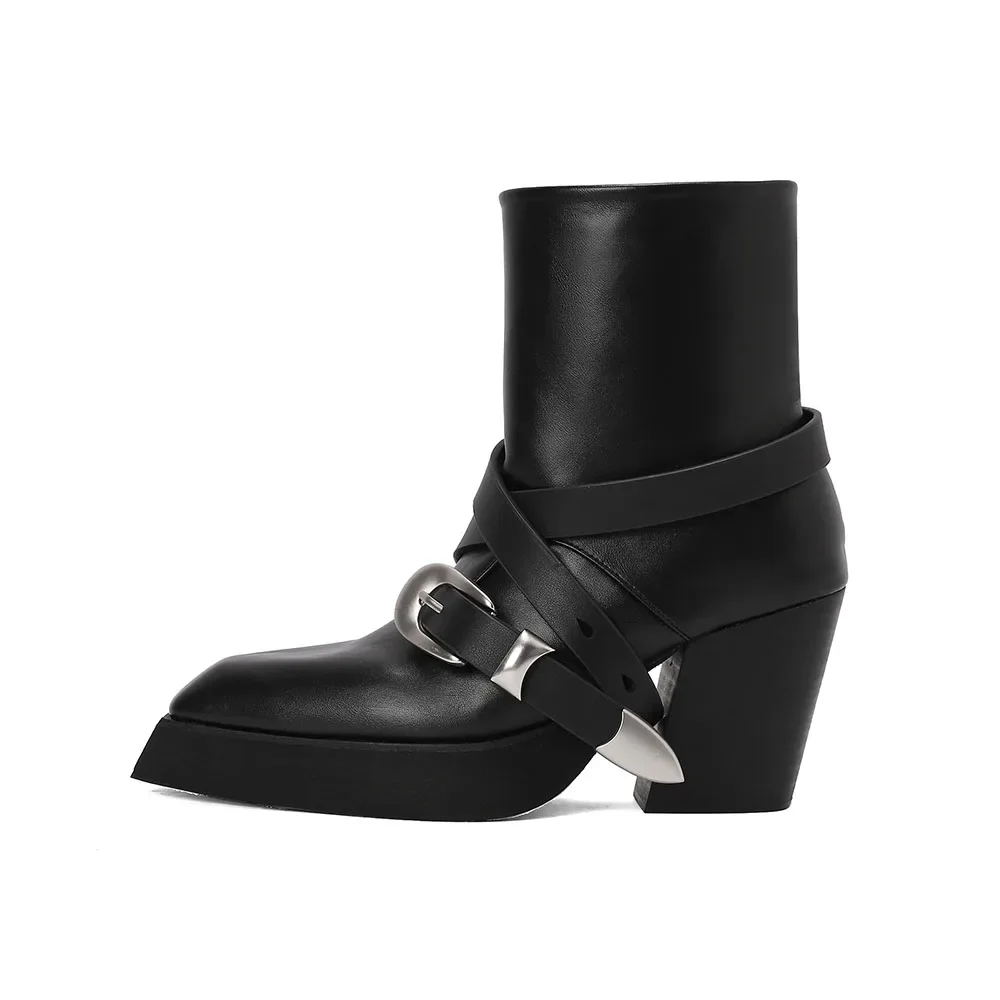 Arden Furtado 2024 Autumn Cowhide Platform Motorcycle Boots Pointed Toe Belt Buckle Side Zipper Chunky Heels Short Boots