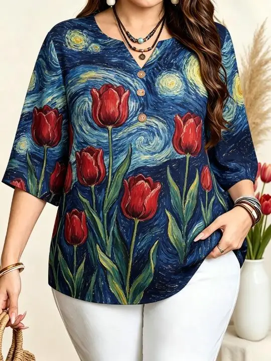 Oil Painting Print Women Tops Notch V Neck 3 Decor Buttons 3/4 Sleeve Floral Art Loose Shirts