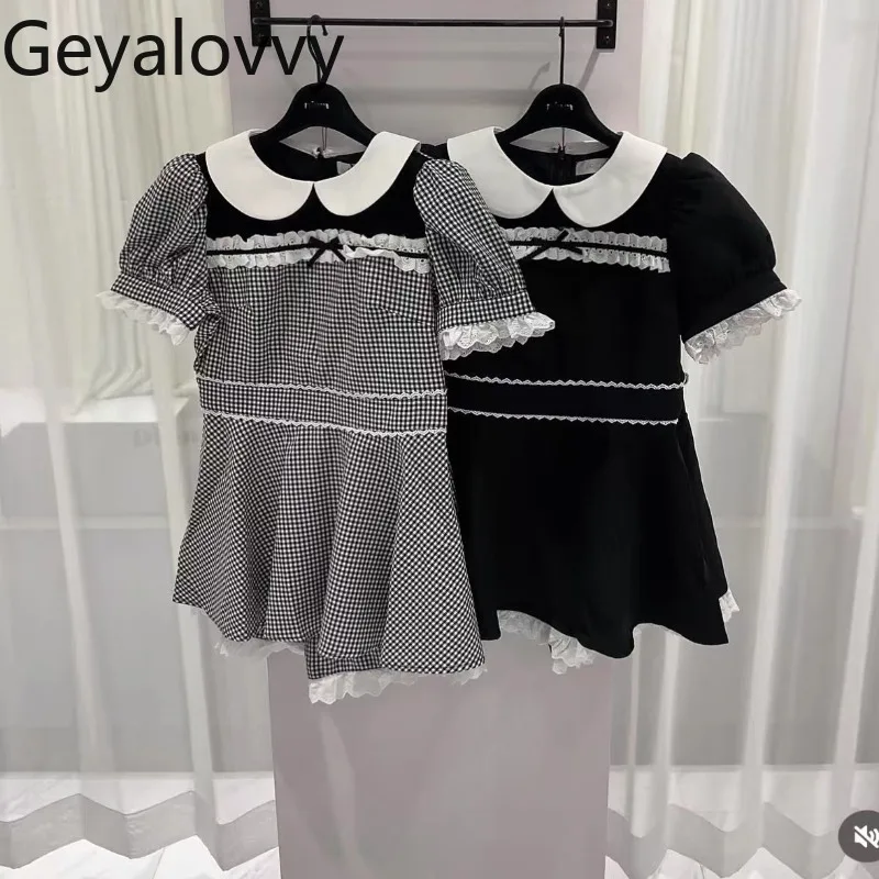 

Japanese Summer New Doll Collar Tops Embroidered Lace Slimming Bubble Short-sleeved Dress + Bottom Short Skirt Two-piece Set